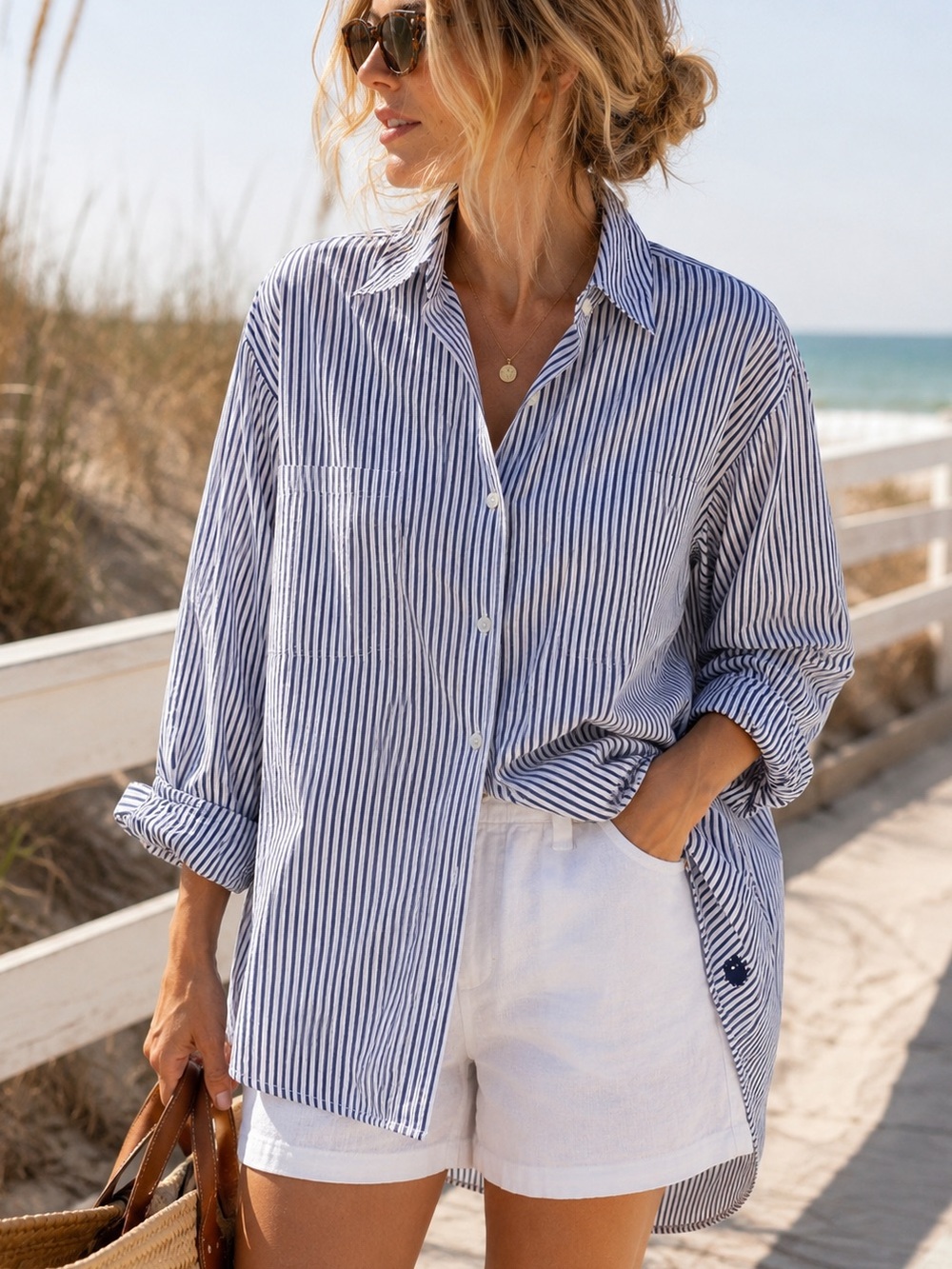 Navy Stripe Boyfriend Button Down Shirt 100% Cotton Oversized L